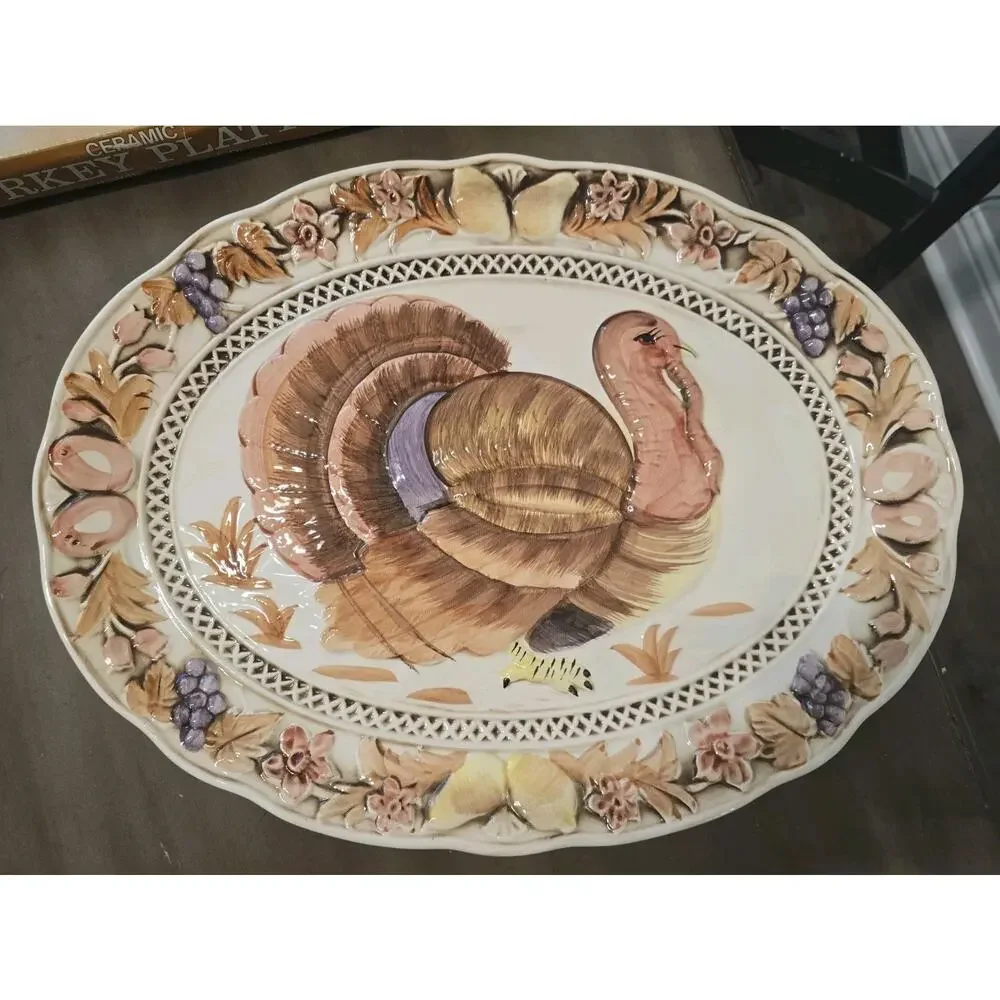 Vintage Mid Century Japan Large Ceramic Turkey Platter Thanksgiving Dinner Dish